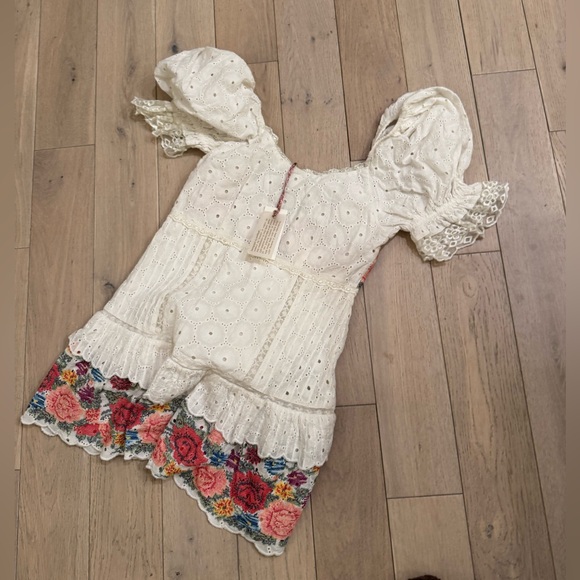 LoveShackFancy White Eyelet Romper with Floral Accents